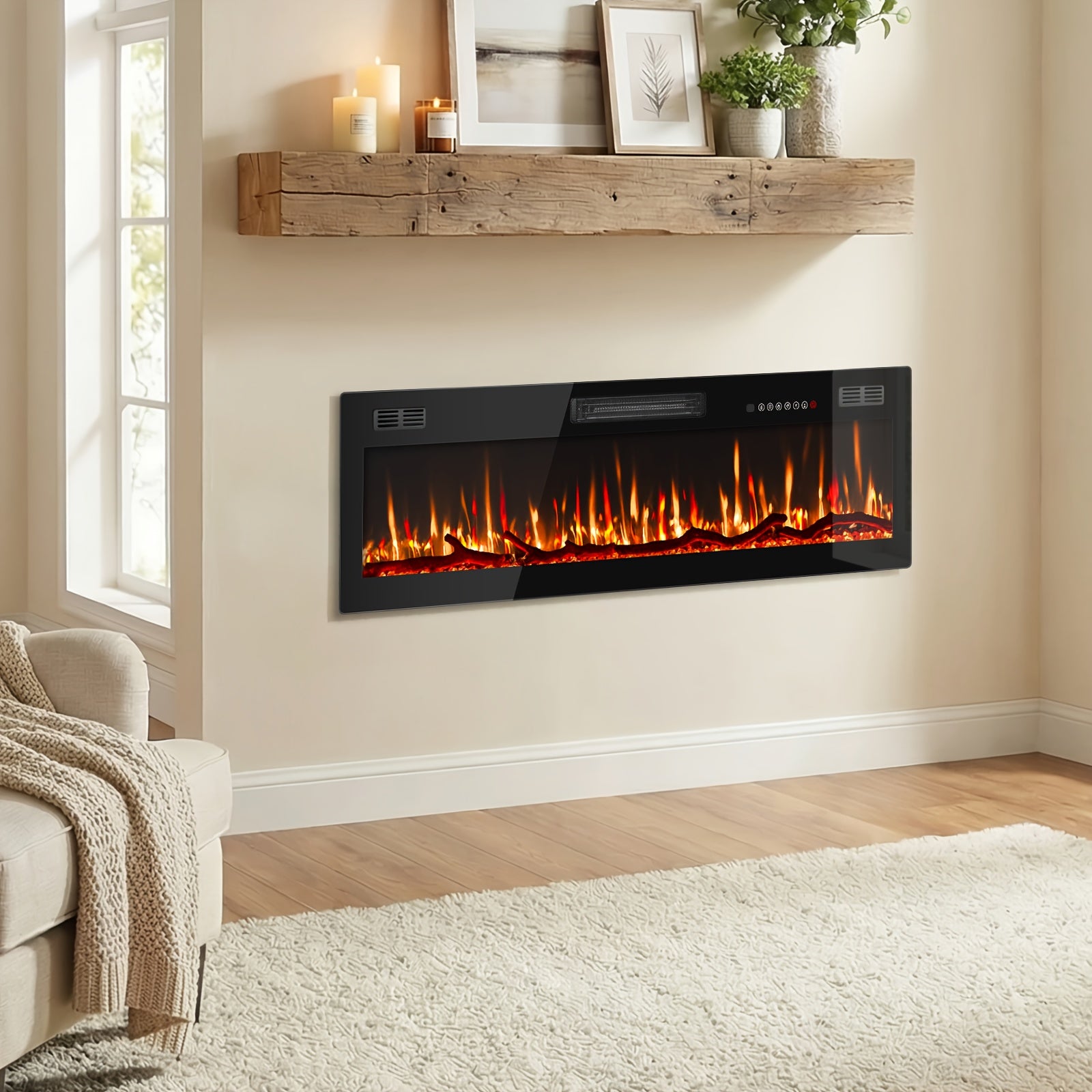60 Inch Electric Fireplace | In-Wall Recessed and Wall Mounted, Fireplace Heater with Remote Control, Linear Fireplace with Adjustable Flame Color, for Bedroom, Timer, Log & Crystal, 750\u002F1500W, Metal, Cool Touch Exterior, Brand: VENDORZ