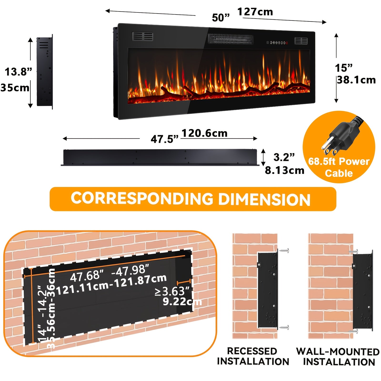 60 Inch Electric Fireplace | In-Wall Recessed and Wall Mounted, Fireplace Heater with Remote Control, Linear Fireplace with Adjustable Flame Color, for Bedroom, Timer, Log & Crystal, 750\u002F1500W, Metal, Cool Touch Exterior, Brand: VENDORZ