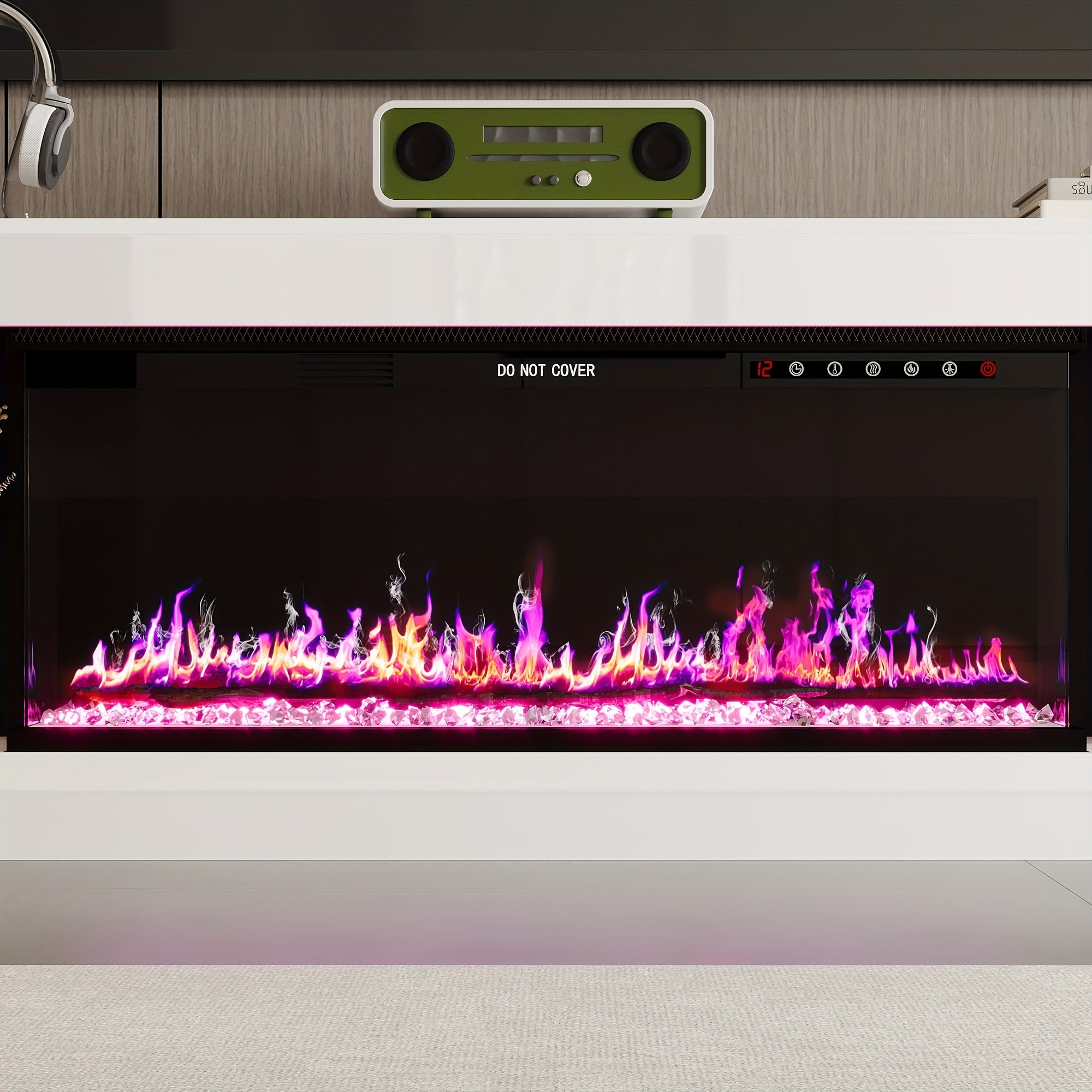 Contemporary Television Unit Featuring an Electric Fireplace, a Console with LED Lighting for Televisions, a Stylish Entertainment Center with Storage Options, And a Media Console Suitable for The Living Room