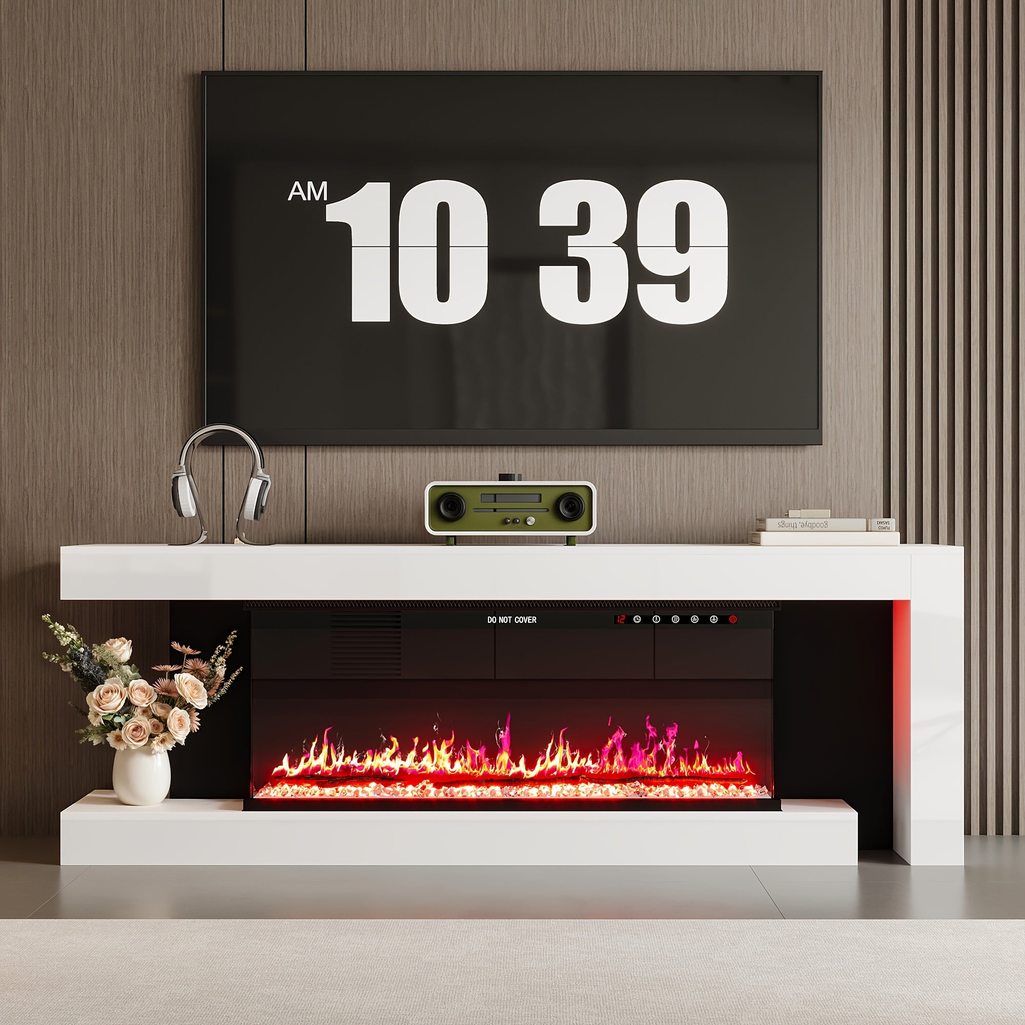 Contemporary Television Unit Featuring an Electric Fireplace, a Console with LED Lighting for Televisions, a Stylish Entertainment Center with Storage Options, And a Media Console Suitable for The Living Room