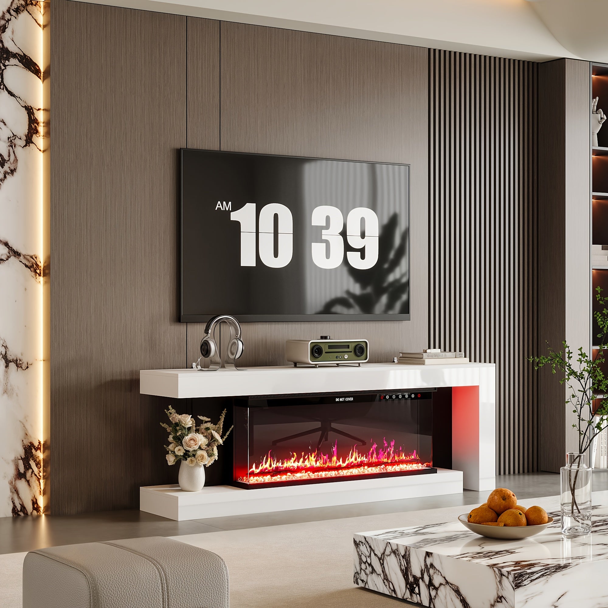 Contemporary Television Unit Featuring an Electric Fireplace, a Console with LED Lighting for Televisions, a Stylish Entertainment Center with Storage Options, And a Media Console Suitable for The Living Room