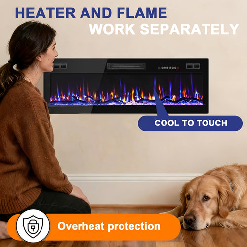 60 Inch Electric Fireplace | In-Wall Recessed and Wall Mounted, Fireplace Heater with Remote Control, Linear Fireplace with Adjustable Flame Color, for Bedroom, Timer, Log & Crystal, 750\u002F1500W, Metal, Cool Touch Exterior, Brand: VENDORZ