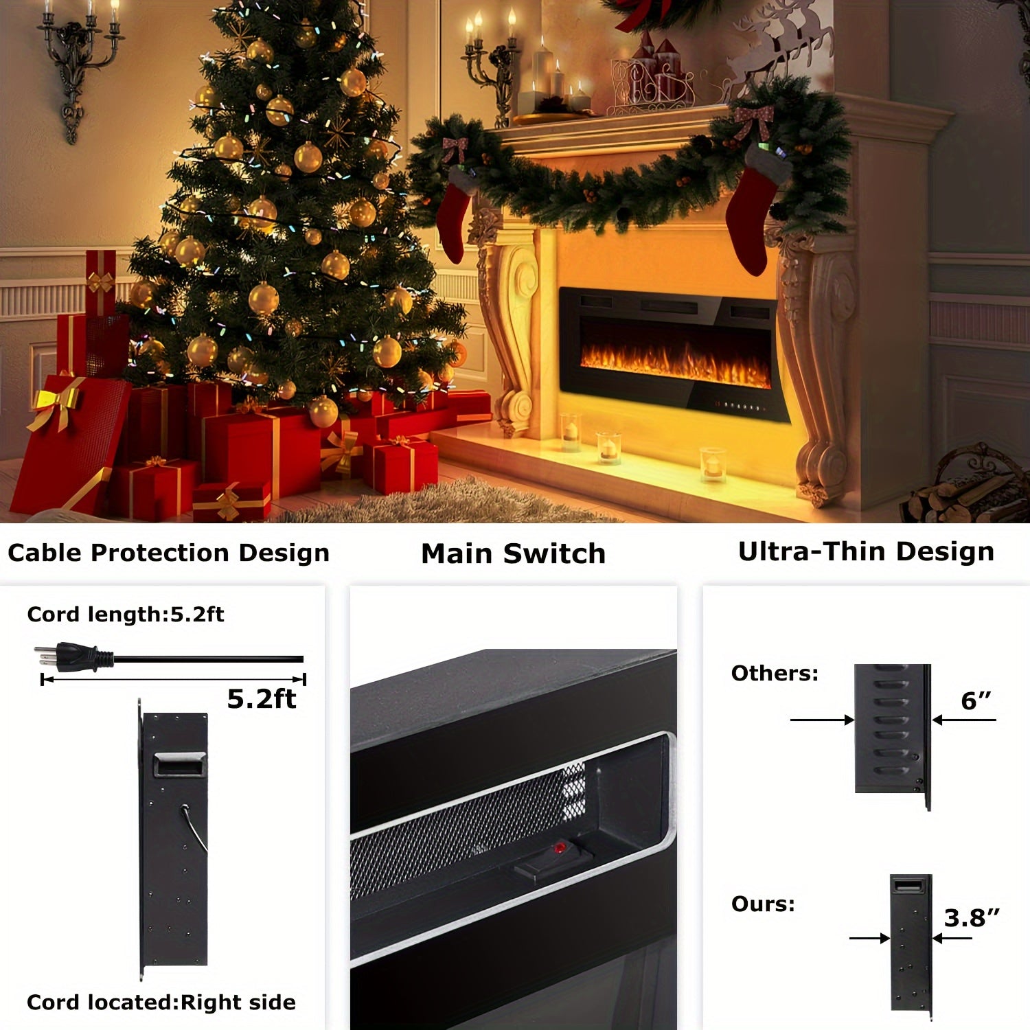 Vitesse Ultra-Thin Electric Fireplace In-Wall Recessed and Wall Mounted Fireplace Heater, Linear Fireplace with Multicolor Flame, Timer, Low Noise, 750\u002F1500W, Touch Screen & Remote Control