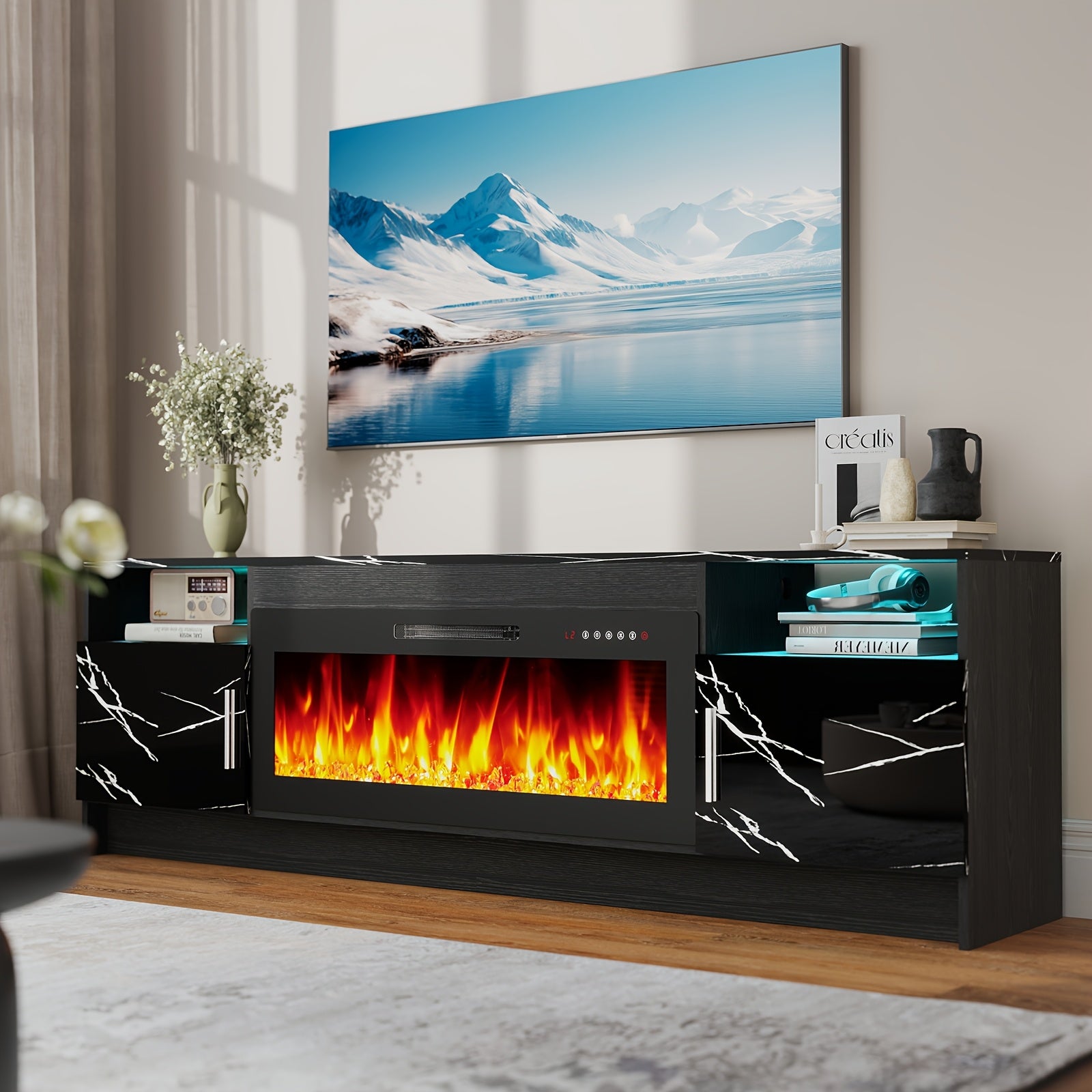 70-Inch Contemporary Television Cabinet Featuring an Electric Fireplace - Spacious Entertainment Center Suitable for Living Rooms And Home Theaters - Accommodates Televisions Up to 80 Inches, Includes a TV Console for The Living Area, Puzzle Table