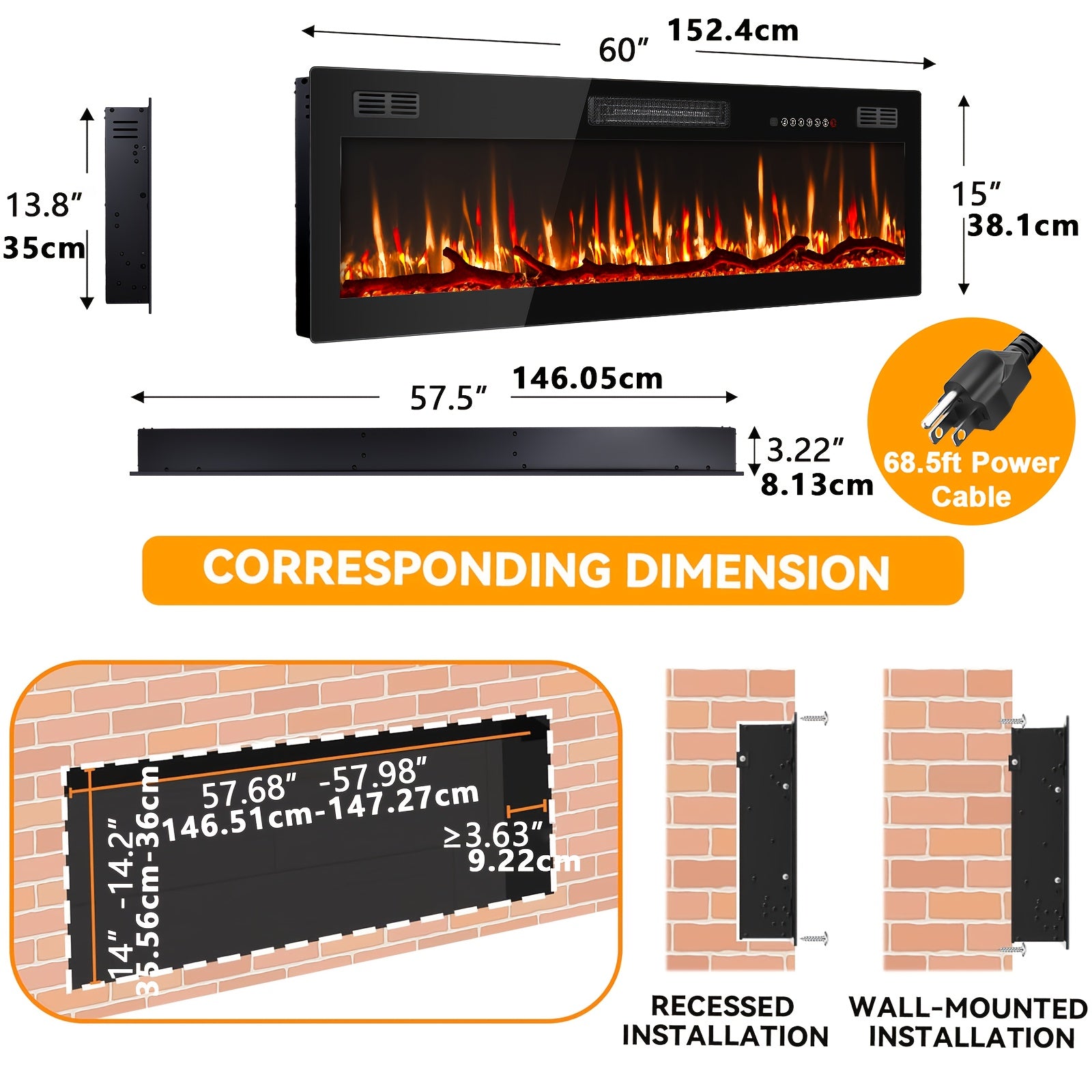 60 Inch Electric Fireplace | In-Wall Recessed and Wall Mounted, Fireplace Heater with Remote Control, Linear Fireplace with Adjustable Flame Color, for Bedroom, Timer, Log & Crystal, 750\u002F1500W, Metal, Cool Touch Exterior, Brand: VENDORZ
