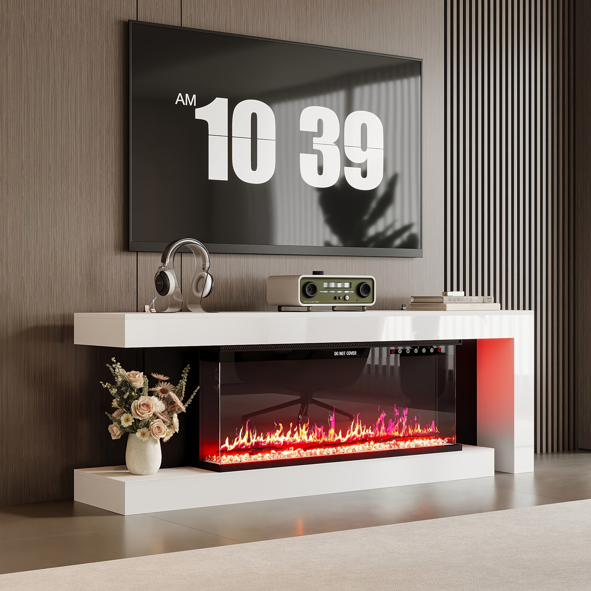 Contemporary Television Unit Featuring an Electric Fireplace, a Console with LED Lighting for Televisions, a Stylish Entertainment Center with Storage Options, And a Media Console Suitable for The Living Room