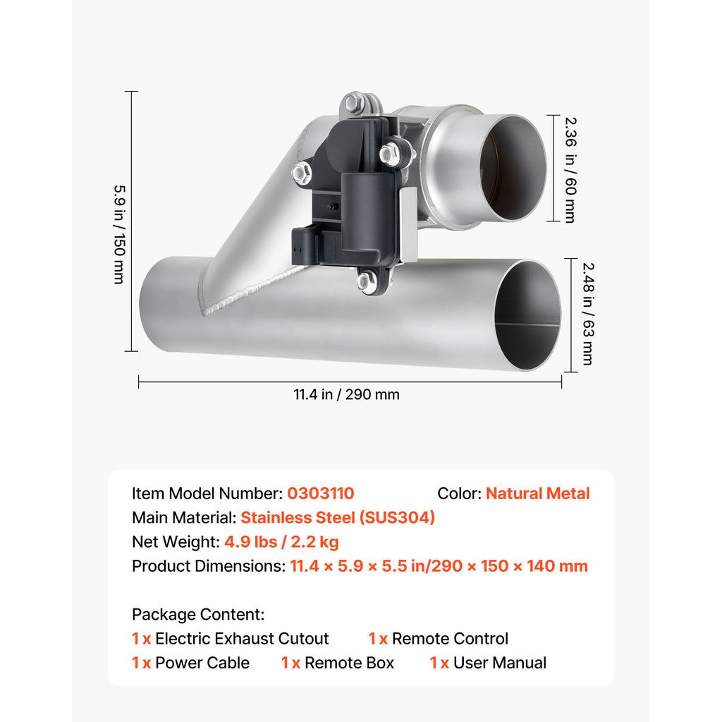 VEVOR Electric Exhaust Cutout, 2.5 Inch Universal Stainless Steel Exhaust Valve Kit with One Controller Remote Kit, Cut Out Valve, Y Pipe, Remote Control & Box, Fits Trucks, Sedans, Sports Cars, SUVs