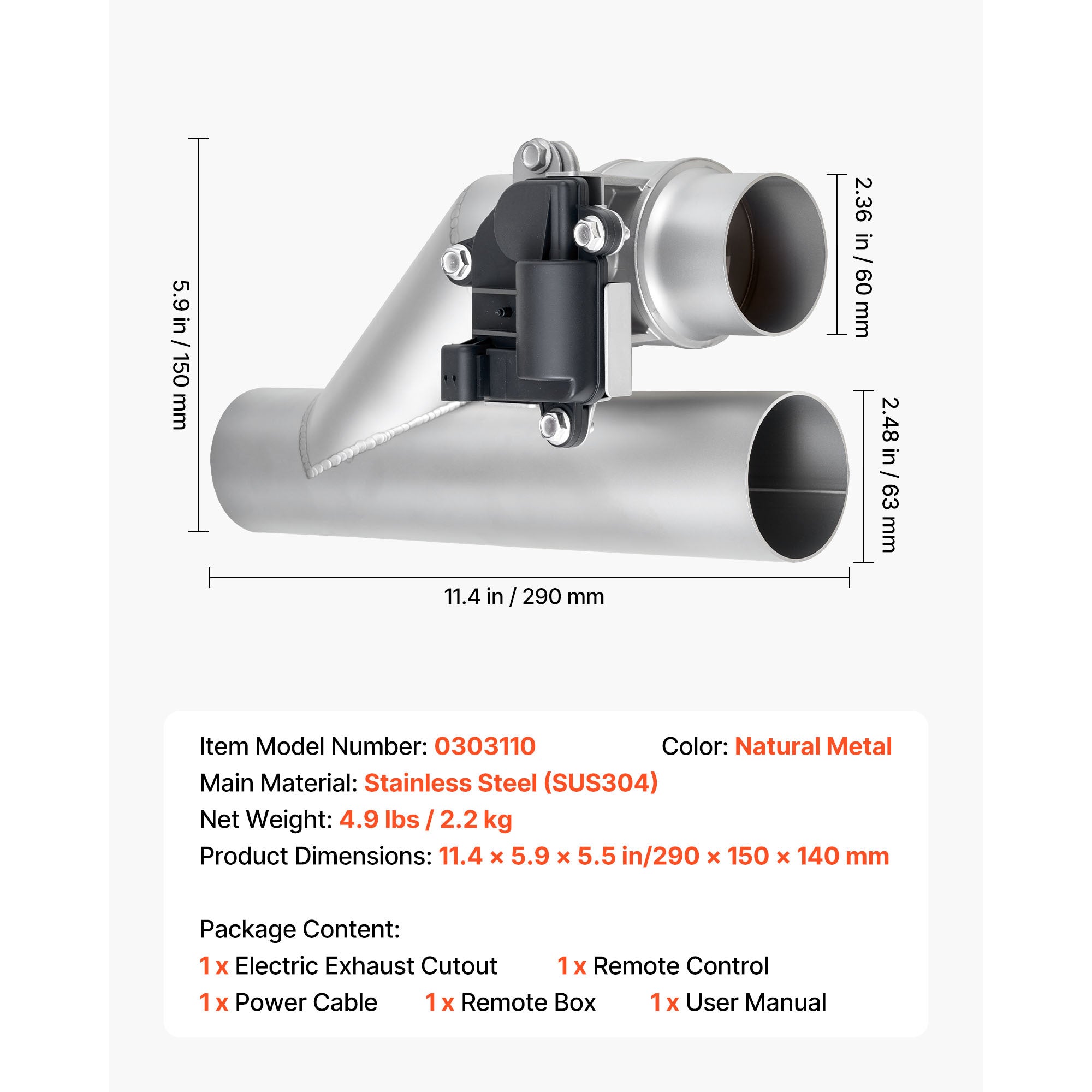 VEVOR Electric Exhaust Cutout, 2.5 Inch Universal Stainless Steel Exhaust Valve Kit with One Controller Remote Kit, Cut Out Valve, Y Pipe, Remote Control & Box, Fits Trucks, Sedans, Sports Cars, SUVs