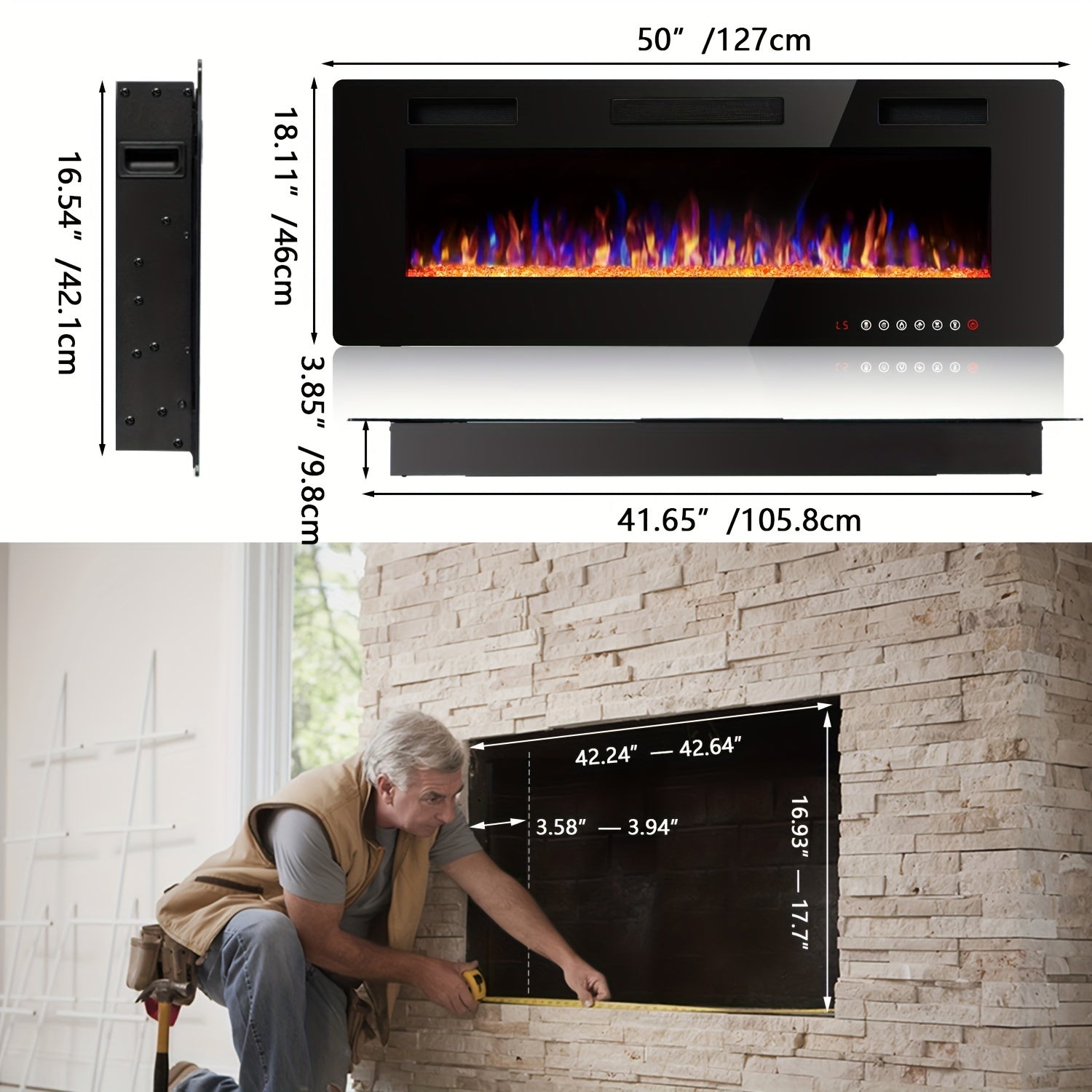 Vitesse Ultra-Thin Electric Fireplace In-Wall Recessed and Wall Mounted Fireplace Heater, Linear Fireplace with Multicolor Flame, Timer, Low Noise, 750\u002F1500W, Touch Screen & Remote Control