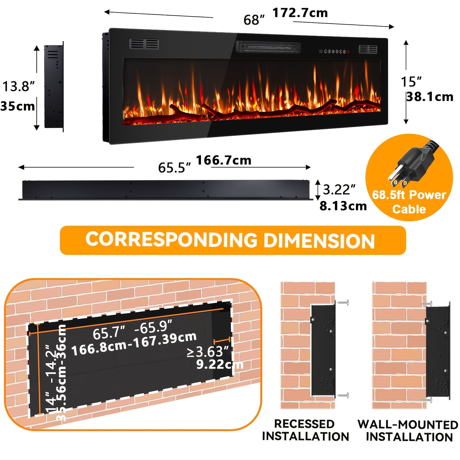 60 Inch Electric Fireplace | In-Wall Recessed and Wall Mounted, Fireplace Heater with Remote Control, Linear Fireplace with Adjustable Flame Color, for Bedroom, Timer, Log & Crystal, 750\u002F1500W, Metal, Cool Touch Exterior, Brand: VENDORZ