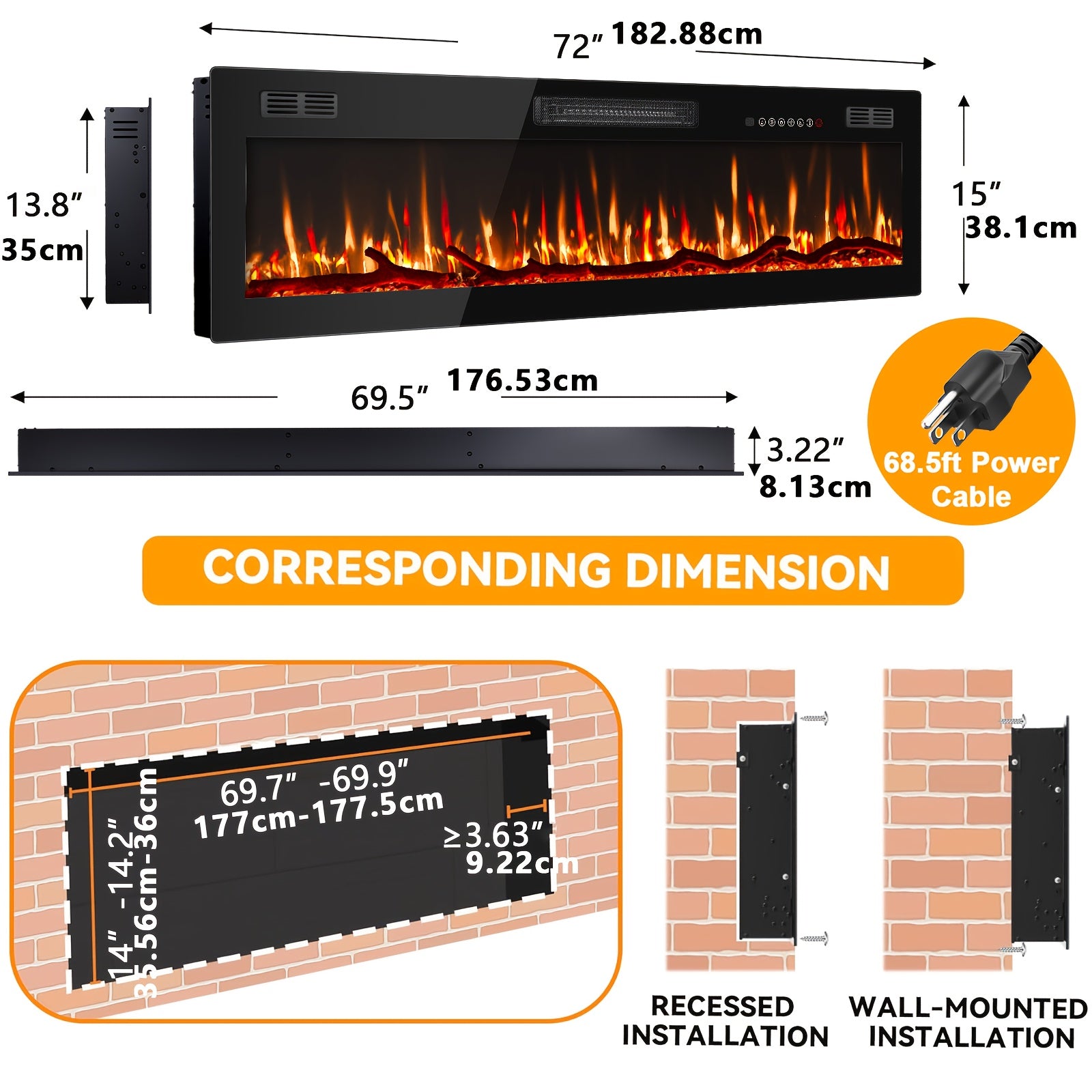 60 Inch Electric Fireplace | In-Wall Recessed and Wall Mounted, Fireplace Heater with Remote Control, Linear Fireplace with Adjustable Flame Color, for Bedroom, Timer, Log & Crystal, 750\u002F1500W, Metal, Cool Touch Exterior, Brand: VENDORZ